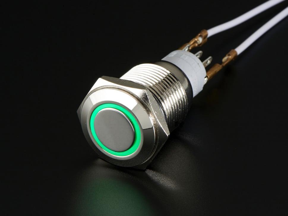 Adafruit Robuuste metalen aan/uit-schakelaar met green LED-ring