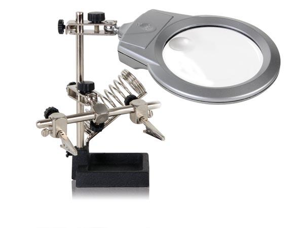 Helping hand with magnifier, led light and soldering stand
