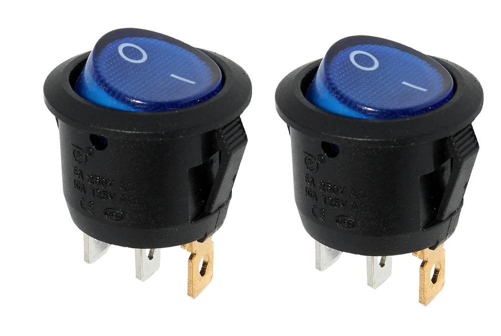 Rocker switch 250V rond met blauwe lamp - 2 stuks