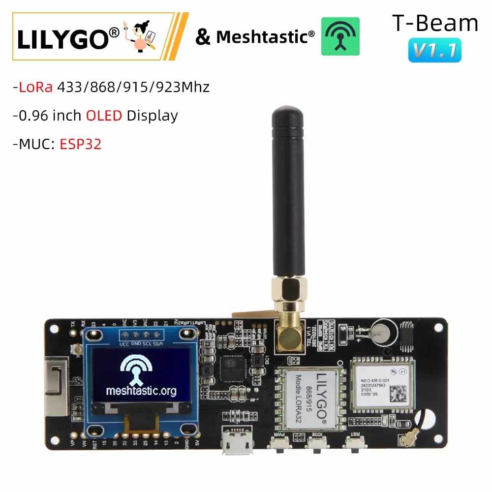 LilyGO TTGO T-Beam - LoRa 868MHz - NEO-6M GPS - ESP32 - Meshtastic - 18650 Battery Holder