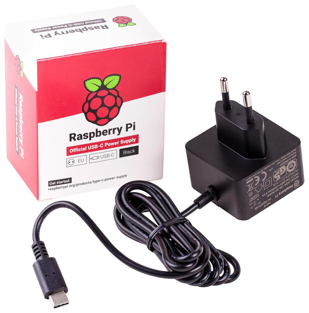 Raspberry Pi 4 power supply - USB-C, 5.1V, 3A - EU Plug - Black