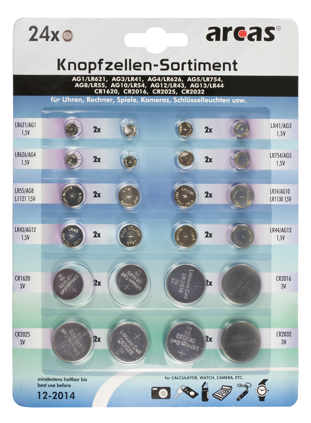 Button cell set, alkaline and lithium, 24 pieces, 2x (AG1, AG3, AG4, AG5, AG8, AG10, AG12, AG13, CR1620, CR2016, CR2025, CR2032)