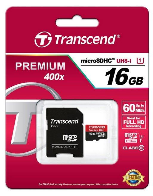 Transcend 16GB microSD Premium 400x Class 10 UHS-I + Adapter - 60MB/s