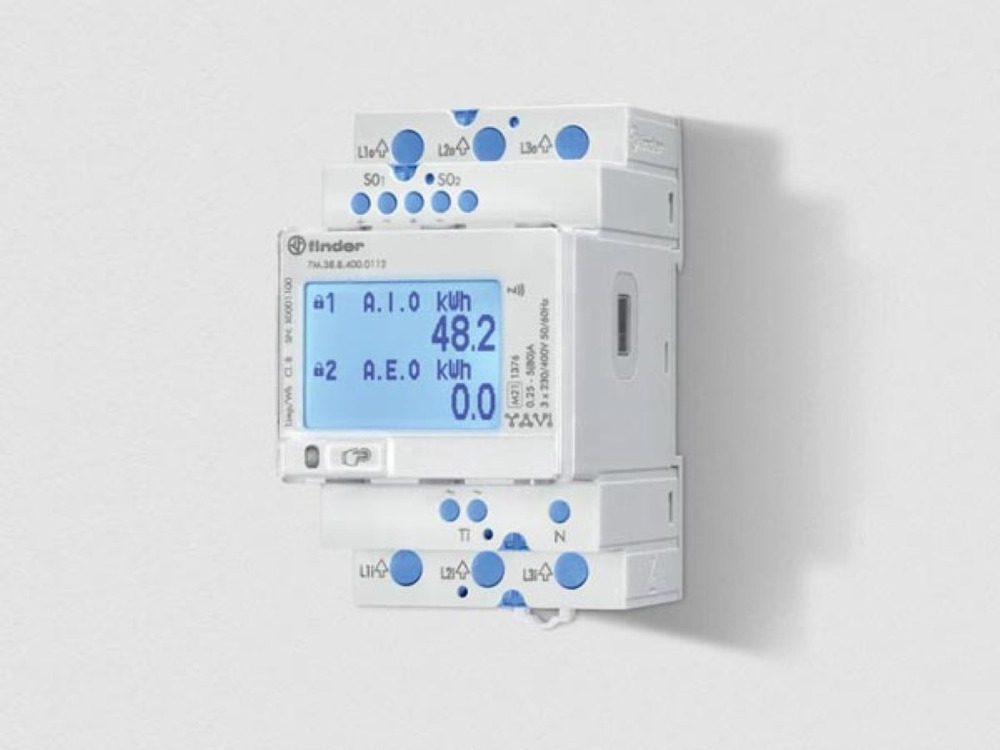 Finder MID-gecertificeerde bidirectionele energiemeter 5(80) A met twee S0-pulsuitgangen