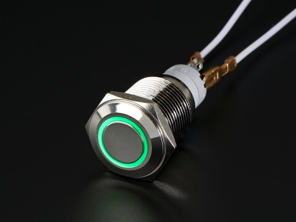Adafruit Robuuste metalen drukknop met green LED-ring