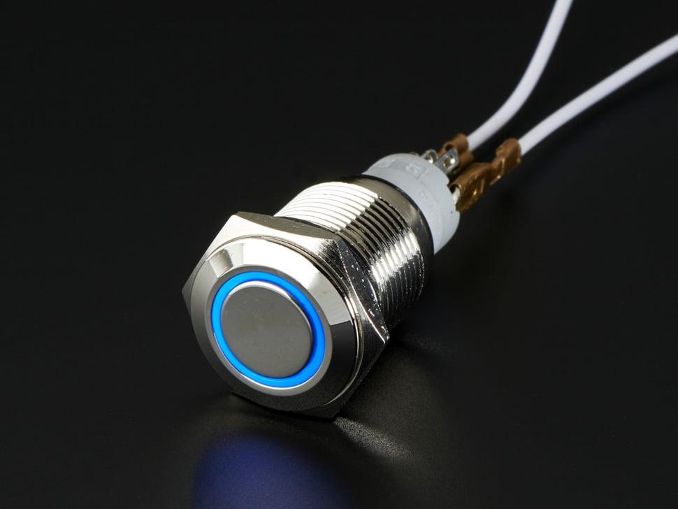 Adafruit Robuuste metalen aan/uit-schakelaar met blauwe LED-ring