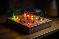 A wooden shelf with electronics A wooden shelf with electronics